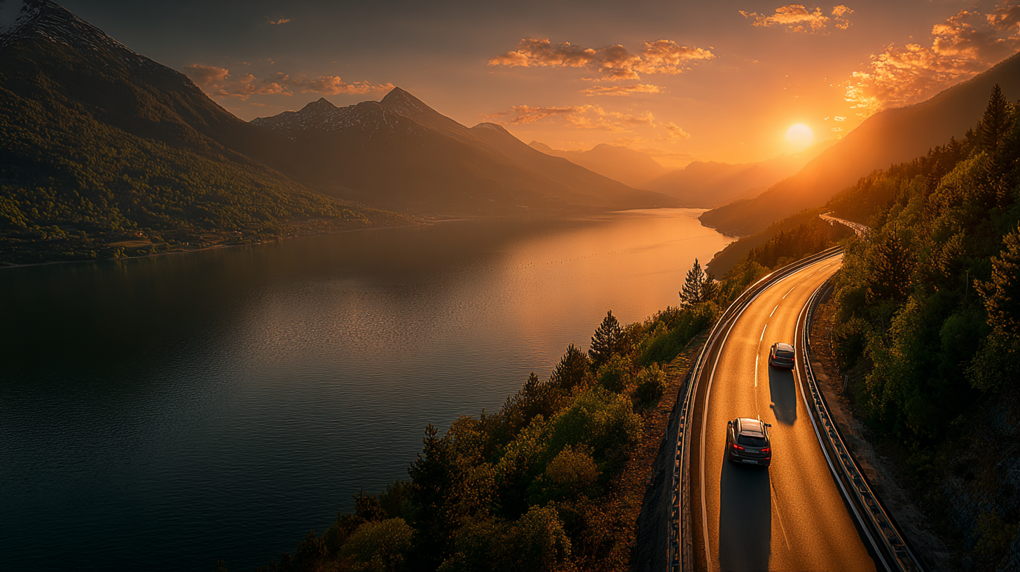 Aerial view of a coastal highway at sunset